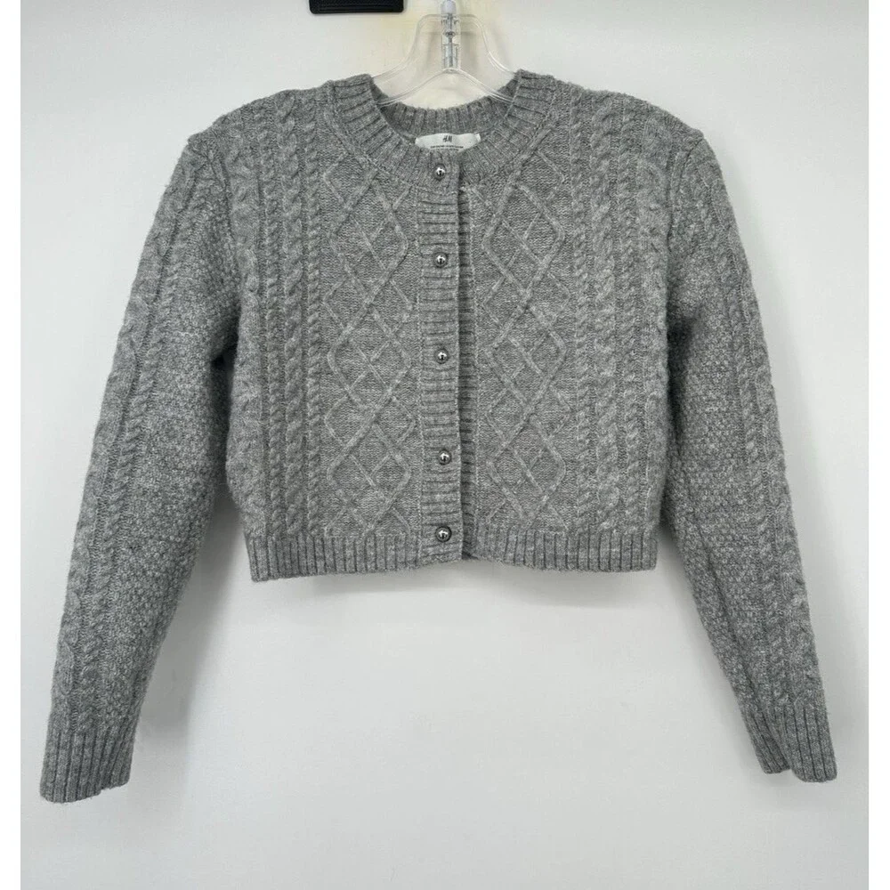 H&M Divided Chunky Knit Crop Cardigan Gray 8/10 Granola Girl Cottage